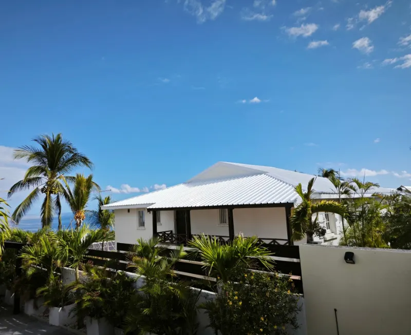 Maison au toit blanc entre les cocotiers, avec la mer au fond.
